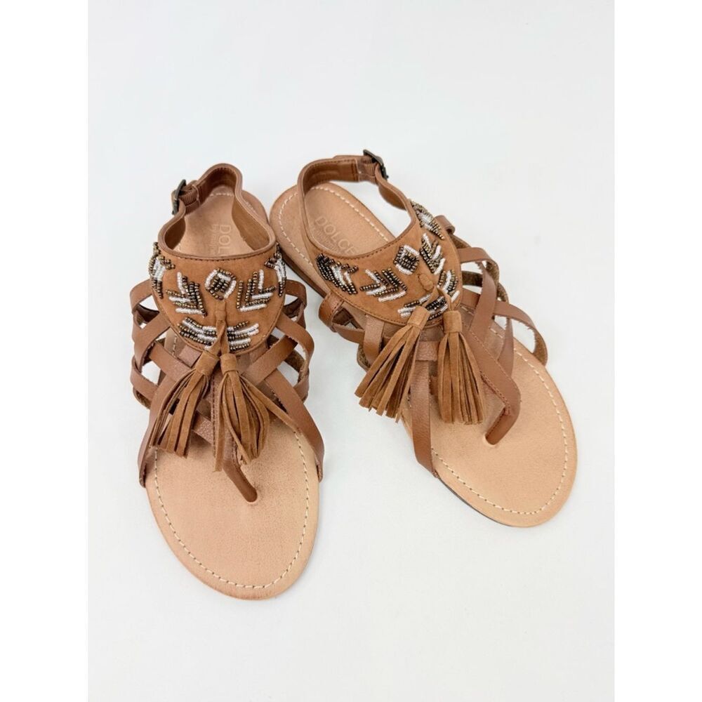 Dolce By MojoMoxy SUBIRA Brown Faux Leather Tassel Bead Slingback Tribal Sandals